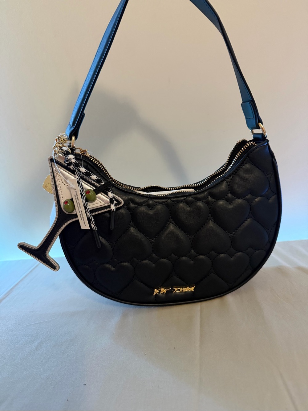 Betsey Johnson Black Quilted Heart Shoulder Bag with Charms